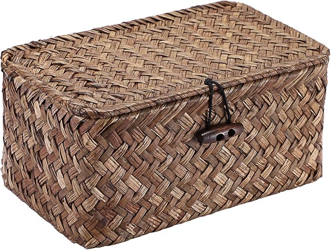 Small Wicker Basket with Lid, Handwoven Seagrass Organizer | Wicker Shelf Basket Rectangular Multipurpose Desktop Organizer Bin for Key, Remote Control, 7.0" x 4.3" x 3.3"