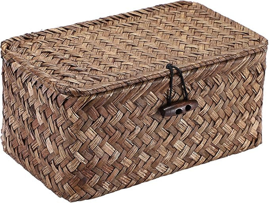 Small Wicker Basket with Lid, Handwoven Seagrass Organizer | Wicker Shelf Basket Rectangular Multipurpose Desktop Organizer Bin for Key, Remote Control, 7.0" x 4.3" x 3.3"