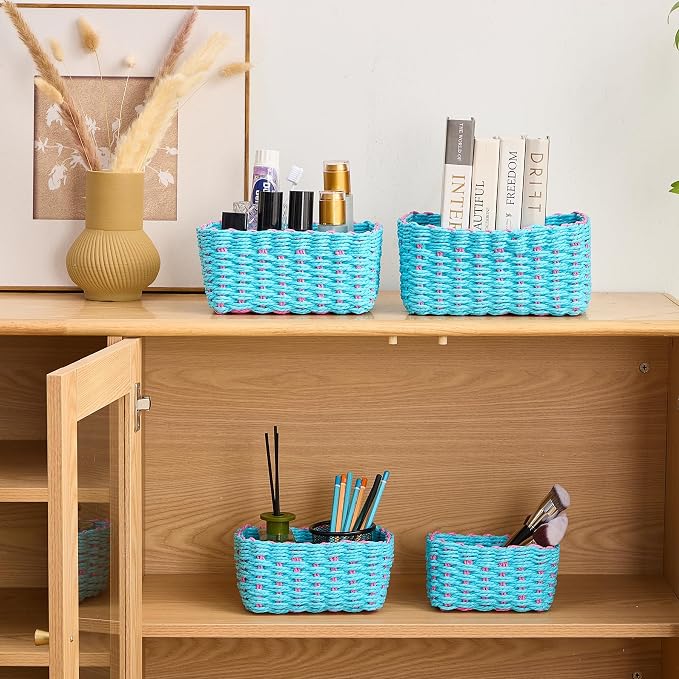 4PCS Woven Storage Baskets Set, Small Baskets for Organizing, Square Handwoven Paper Rope Organizer Bins for Shelves and Home Storage (Blue & Pink)