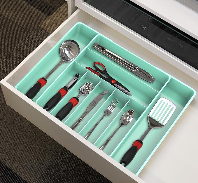 Simple Houseware Expandable Kitchen Drawer Flatware Organizer, Turquoise | Expandable & Adjustable Cutlery Drawer Organizer - Large Utensil and Flatware Tray for Kitchen Drawers