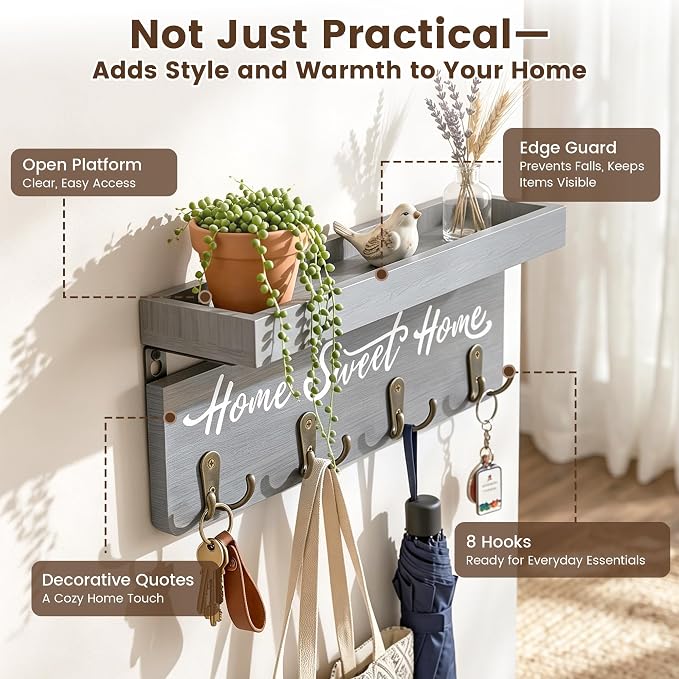 buways Key Holder Wall Mount with 4 Double Hooks-Solid Wood Wall-Mounted Organizer for Keys&Mail Rustic Key Rack Hanger Holder Home Decor for Entryway Living Room (Gray)