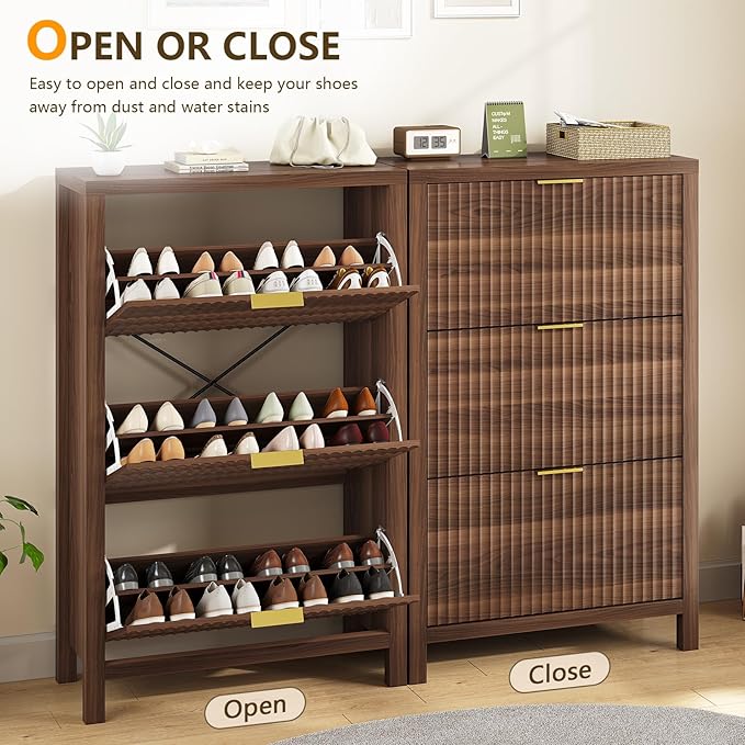 32" Fluted Shoe Cabinet Storage with 3 Flip Drawers for Entryway, Hallway | Hidden Shoe Rack Slim Freestanding Shoe Organizer with Legs for Hallway, Living Room, Walnut