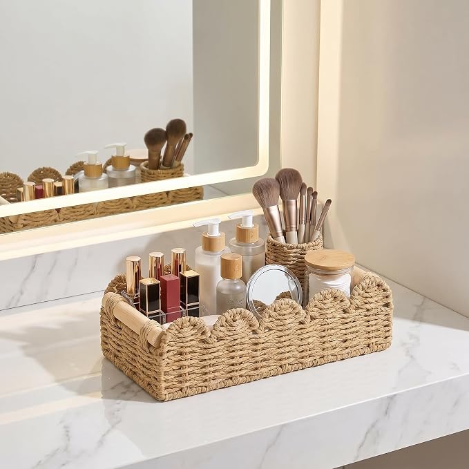 Handwoven Paper Rope Storage Basket, Scalloped Edge Decorative Organizer with Wooden Handles, Multifunctional basket for Bathroom Toilet Paper, Bedroom,End Table, Shelf and More Decoration (M)