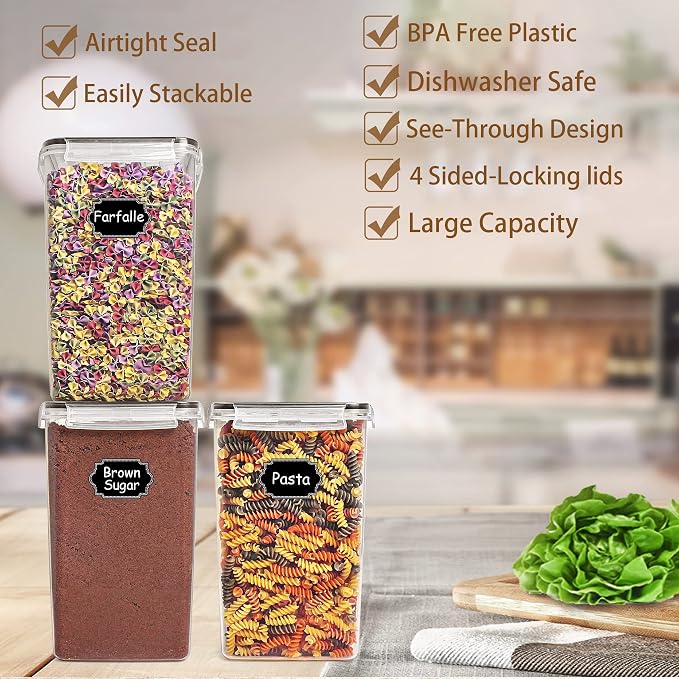 Wildone Flour Sugar Storage Containers 6.5L, 4 PCS, Black | Large Bulk Food Storage Containers with Airtight Lids for Flour and Sugar, BPA Free, Food Grade Material, 20 Labels Included