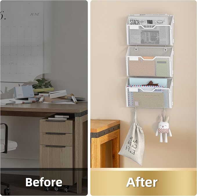 Docnest 6 Pack Mesh Wall File Holders with Hooks for Mail, White | Space-saving vertical design with utility hooks. Ideal paper document organizer for office, home, and school