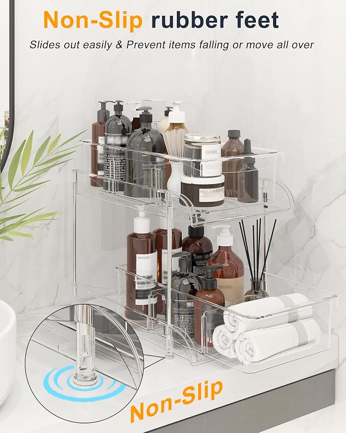 Sevenblue 2-Pack 2-Tier Under Sink Organizers with Sliding Drawers | Multi-use kitchen & bathroom storage, 10.6 inch clear cabinet organizer, space-saving sliding drawer design.
