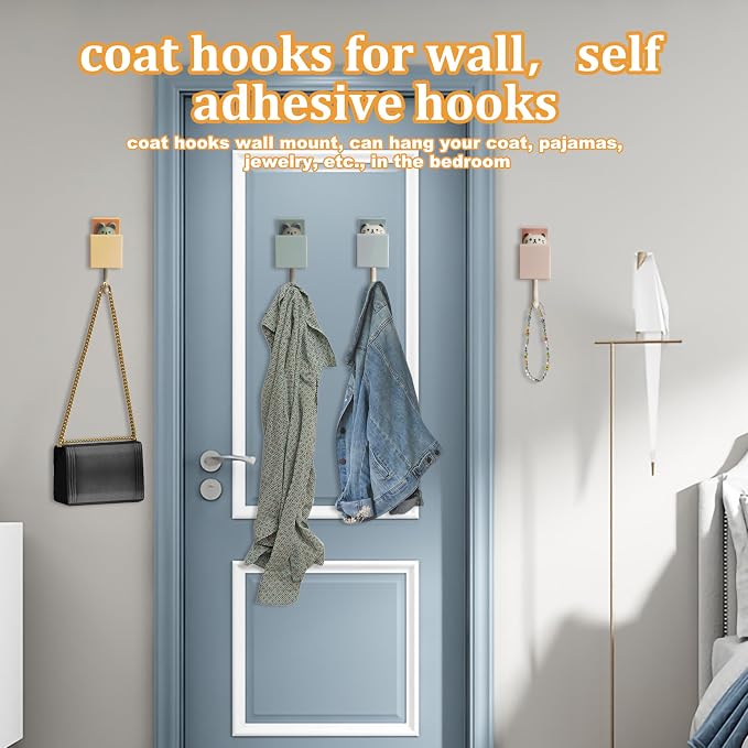 6Pcs Cute Self Adhesive Wall hooks for Coat,Towel,Key,Scarf, Hat