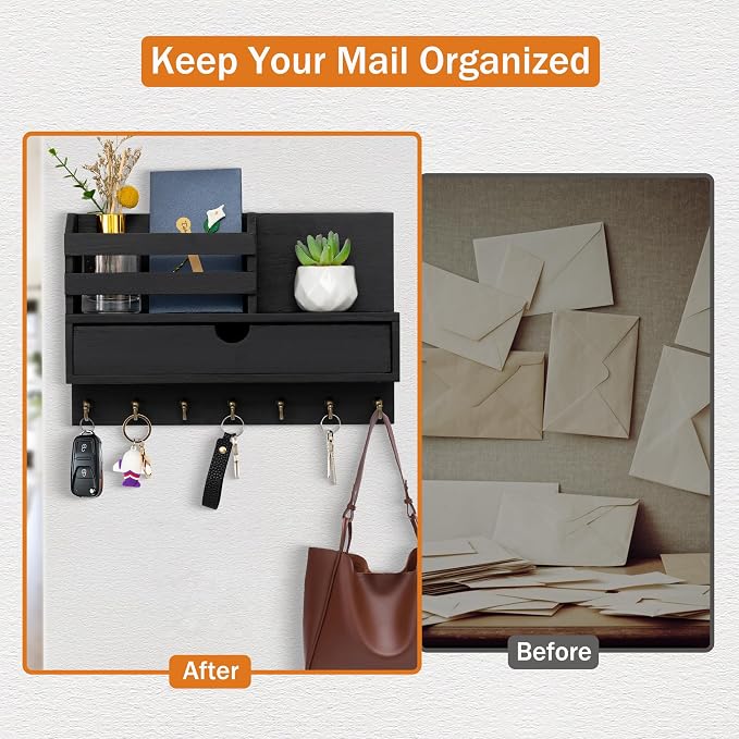 dreampossible Key and Mail Holder for Wall, Mail Organizer Wall Mount with 6 Hooks and Storage Drawer, Wooden Key Rack Hanger with Shelf for Entryway and Home Decor
