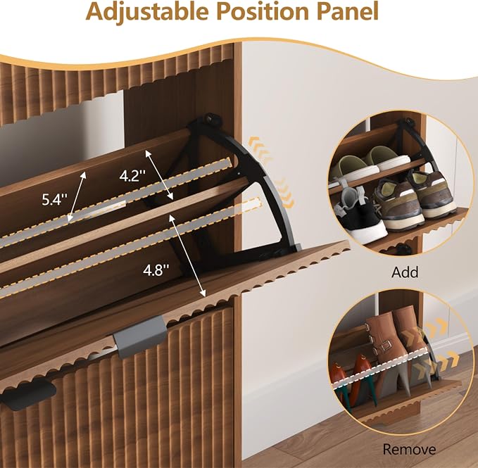 Shoe Cabinet Storage for Entryway with 4 Flip Drawers, Walnut Fluted Shoe Cabinet with Adjustable Shelves, Wooden Hidden Shoe Rack Freestanding Narrow Slim Shoes Storage for Hallway, Entrance