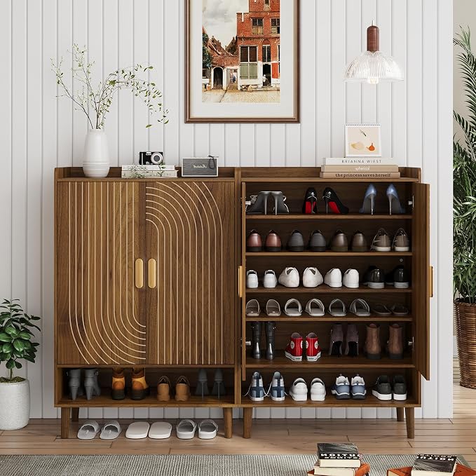 Smuxee Walnut Shoe Cabinet with Line Groove Design, 6-Tier Shoe Storage Cabinet with Adjustable Shelves, Freestanding Shoe Organizer Cabinet for Entryway, Hallway, Closet, Living Room