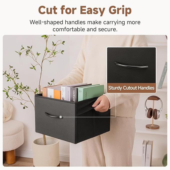 StorageWorks Black Storage Bins, Leather Front Fabric Storage Bins with Handles, Closet Organizers and Storage Bins, Organizer Baskets for Shelves and Closet, Collapsible Storage Baskets, 4-Pack