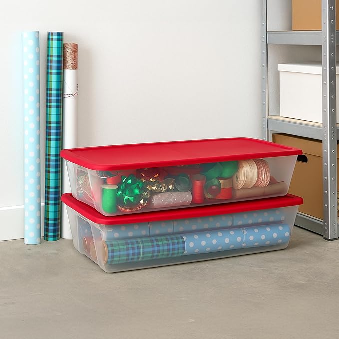 HOMZ Holiday Plastic Storage Container, 41 Quart, Red, 2 Count