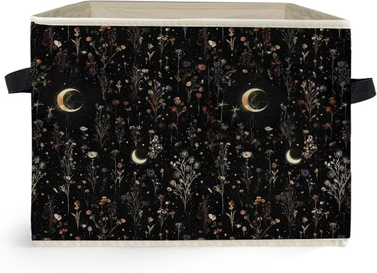 Dark Witchy Moon Floral Storage Box Bins, Mystical Gothic Wildflower Botanical Collapsible Storage Basket Organizer for Bedroom Laundry Room Home Clothes Books, Decor for Room