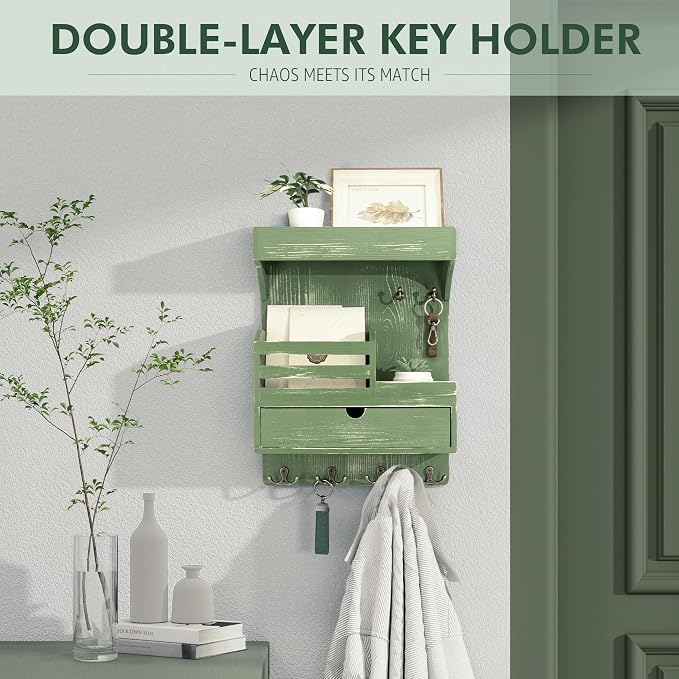 Rebee Vision Key Holder Wall Mount with 6 Key Hooks for Entryway, Green | Pine Wood, Key Holder for Wall, Floating Shelf, Plant Display, Small Drawer Organizer, Mail Sorter, Room Decor, Home Storage