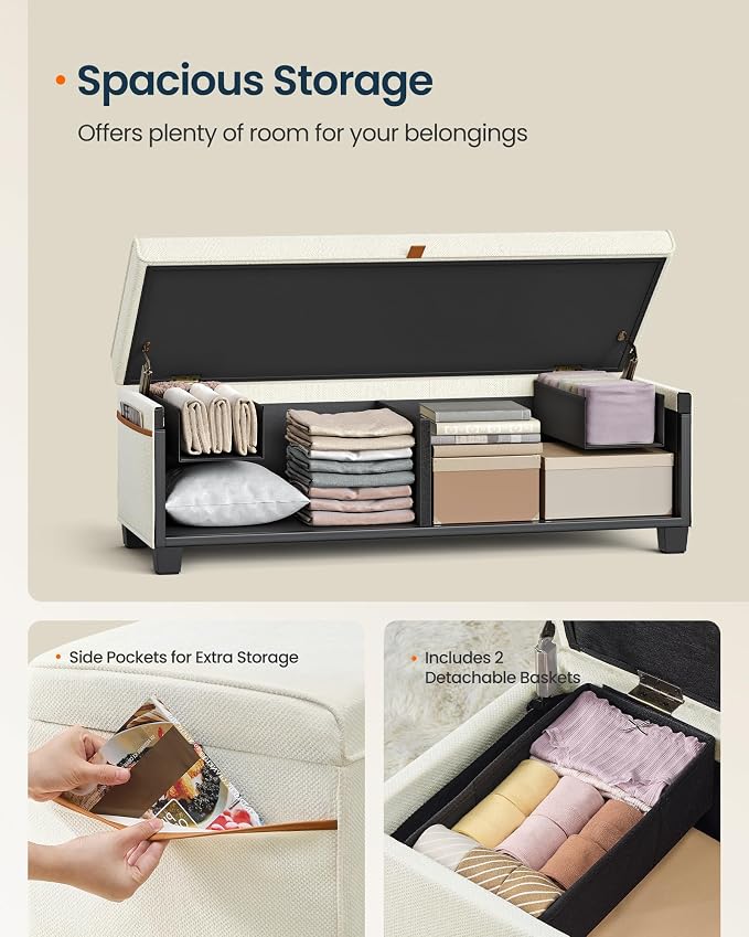 SONGMICS Home Storage Ottoman, 27 Gallons End of Bed Bench, 15.9 x 43.5 x 15.9 Inches, for Bedroom, Entryway, Living Room, White