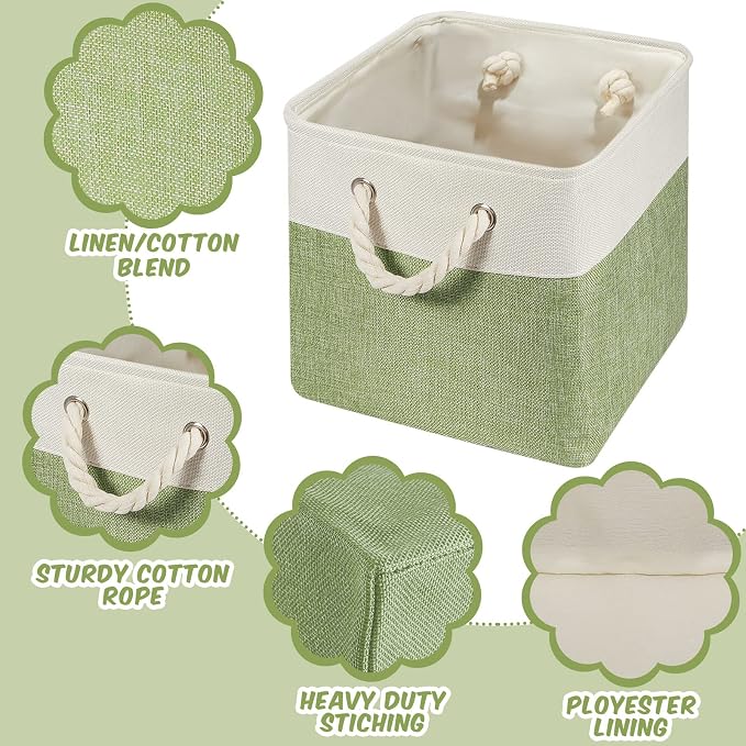 Geiserailie 6 Pcs 11 x 11 Inch Cube Storage Bins Fabric Storage Organizer Bins Foldable Cube Baskets with Sturdy Carry Handles Wicker Baskets for Home (Green,White)