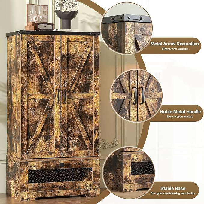 kepptory Farmhouse Pantry Cabinet with Barn Door & Adjustable Shelves, Freestanding Kitchen Storage Cabinet for Dining Room, Bathroom, Hallway (Brown)
