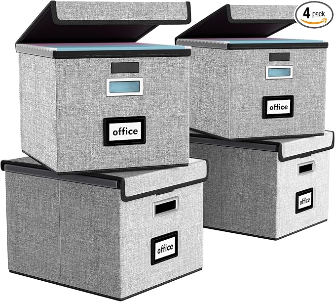 File Organizer Box with Lids, Collapsible File Folder Organizer | File Box with Plastic Slides for Office Document Storage, Filing Bin for Letter Size Hanging File Folders (4 Pack, Gray)