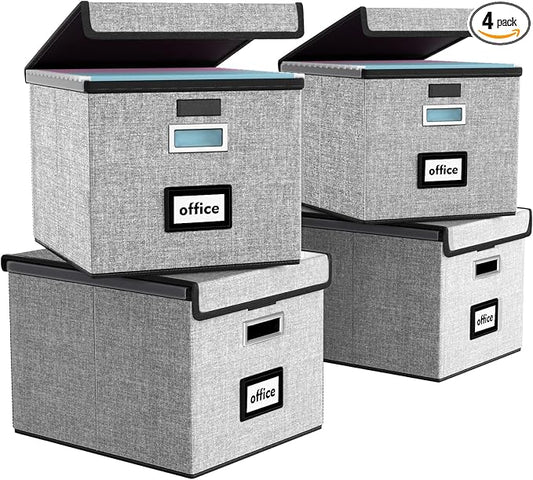 File Organizer Box with Lids, Collapsible File Folder Organizer | File Box with Plastic Slides for Office Document Storage, Filing Bin for Letter Size Hanging File Folders (4 Pack, Gray)