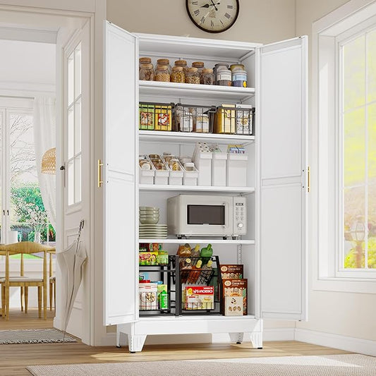 GAIOUS 71" Tall Metal Storage Cabinet with 2 Doors and 4 Adjustable Shelves, Kitchen Pantry Cabinet White Freestanding Cupboard, 5 Tier Multifunctional Steel Storage for Office, Kitchen, Dining Room