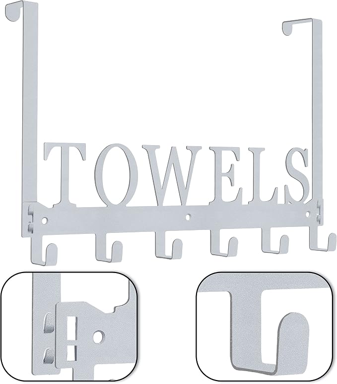 Over The Door Hooks, Towel Rack for Bathroom, Door Mount Towel Hooks Bath Towel Hanger for Bedroom Kitchen Pool Beach Towels Bathrobe Wall Mount Towel Holder for Bathrooms (6 Hooks, Silver Grey)