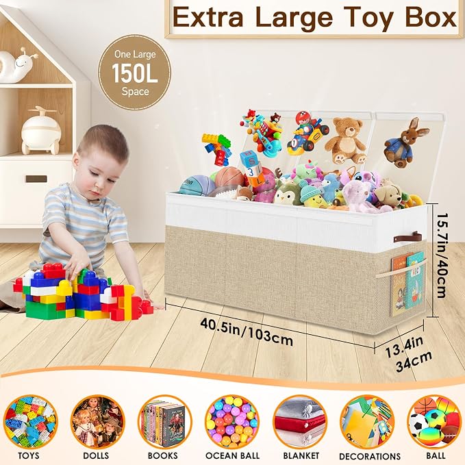 150L Extra Large Toy Storage Box with Lid for Boys Girls Nursery Playroom | Collapsible with Lid, Removable Divider, 40"x14"x16", Side Pockets, For Nursery, Living Room, Playroom