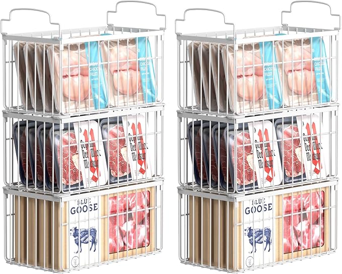 Freezer Organizer Bins, 6 Pack Stackable Deep Chest Freezer Organizer Bins, Foldable Freezer Baskets with Handles, White Freezer Storage Organizer Baskets for 7 Cu.FT Deep Freezer Sort Frozen Meats