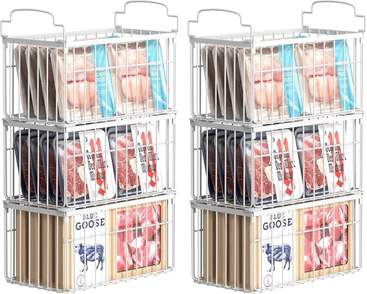 Freezer Organizer Bins, 6 Pack Stackable Deep Chest Freezer Organizer Bins, Foldable Freezer Baskets with Handles, White Freezer Storage Organizer Baskets for 7 Cu.FT Deep Freezer Sort Frozen Meats