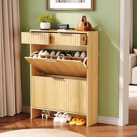 VINGLI Fluted Shoe Cabinet for Entryway, Slim Shoe Storage Cabinet with 2 Flip Drawers & 2 Top Drawers, Modern Hidden Shoe Rack Organizer with Adjustable Shelves, Narrow Freestanding Console, Oak