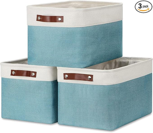 DULLEMELO Storage Baskets for Shelves, Fabric Collapsible Rectangular Storage Bins for Shelves, Closets, Nursery, Home, Empty Gift Baskets (3-Pack Medium-15 inch X 11 inch X 9.5 inch , White&Teal)