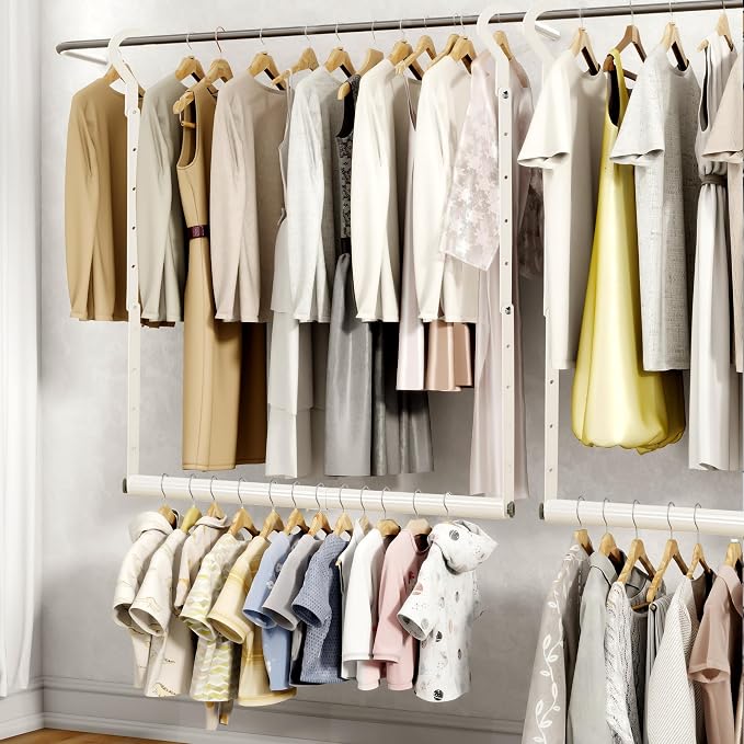 STORAGE MANIAC Adjustable Closet Rod for Hanging Clothes, 2 Pack White | Expandable 17.9"-29.7" Heavy-Duty Metal Closet Hanging Rod with 9 Height Adjustments, Space-Saving Double Closet Organizer