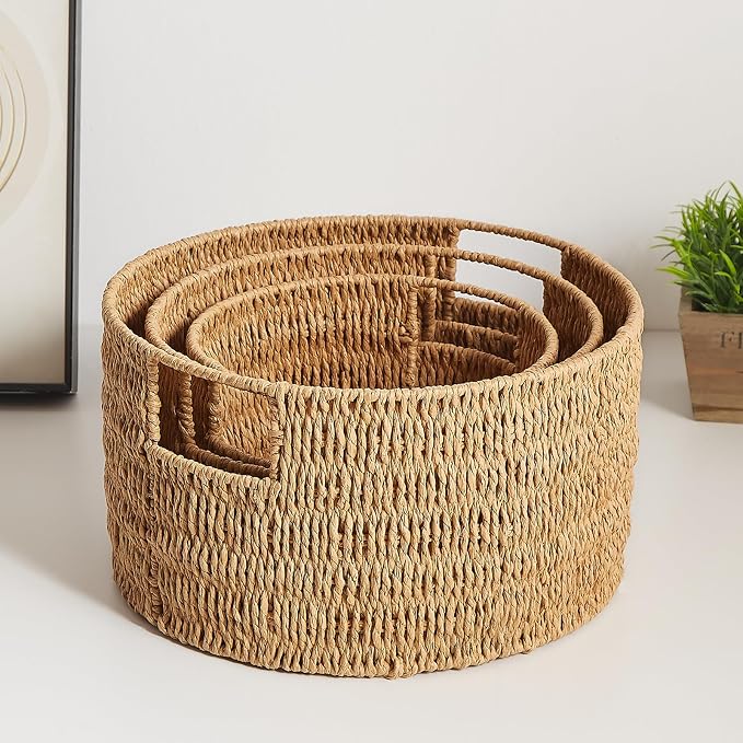 Wicker Storage Basket, Hand-Woven Paper Rope Large Round Woven Basket With Handles, Wicker Baskets for Organizing/Storage, Natural, 3-Pack