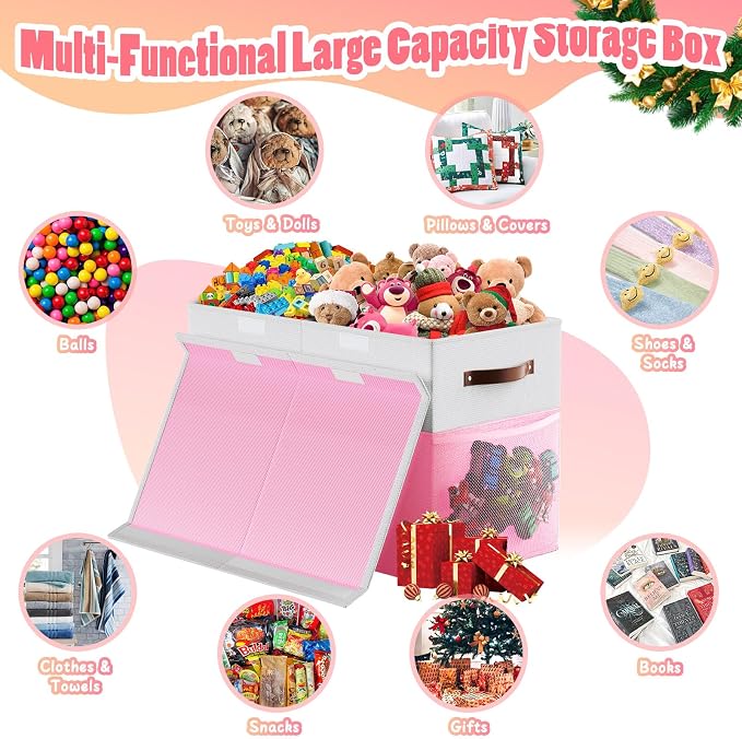 Large Toy Storage Box with Lid & Dividers, Kids Toy Chest, Pink and White | Toy Box for Boys, Girls, Nursery, Bedroom, Living Room, Playroom, 25 x 13 x 16 inches