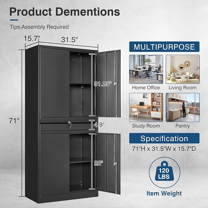 Black Metal Storage Cabinet with Lock, 71" Tall Garage Storage Cabinets with Doors and Shelves, Lockable Tool Caninet Steel Locking Cabnets File Cabinet for Home Office, Garage, Pantry