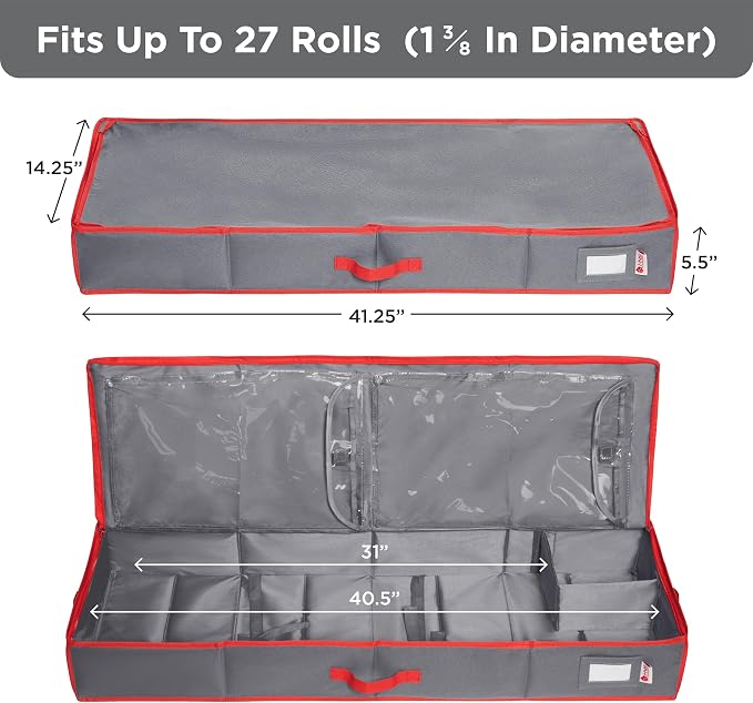 HOLDN’ STORAGE Premium Wrapping Paper Storage Container, Grey/Red Trim | Durable 600D Tear-Proof, Fits 27 Rolls Gift Wrap, Extra Pockets for Ribbons & Bows, Underbed Storage
