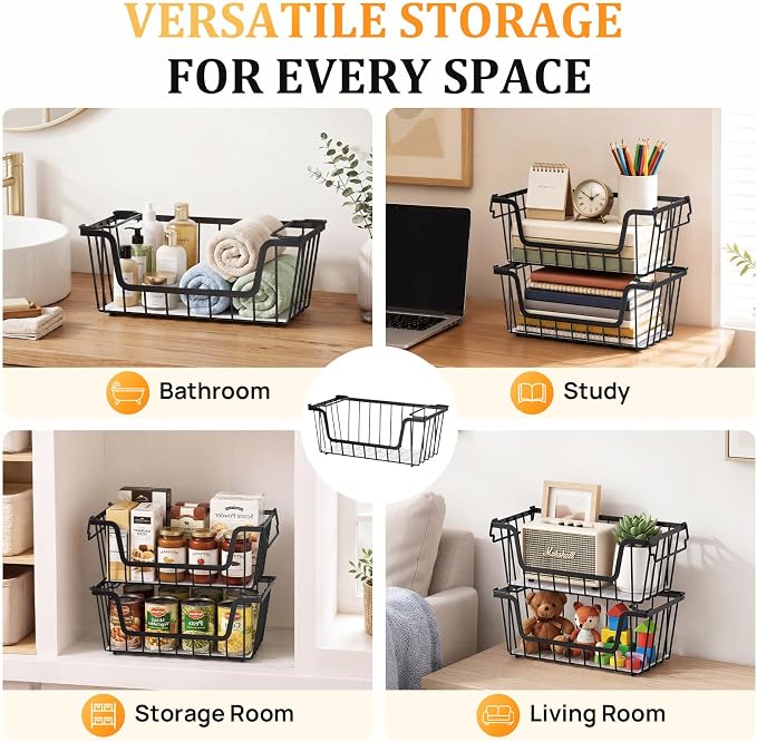 SUNALLY Stackable Storage Bins 4 Pcs Wire Baskets Freezer Organizer, Black | Pantry Organizers Storage, Vegetable Fruit Storage Basket for Countertop, Kitchen Baskets for Onion Potato Snack Cans Storage