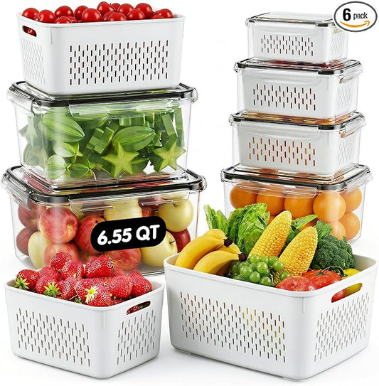 JSCARES Fruit Storage Containers for Fridge with Removable Colander, 6 Pack | Plastic Produce Saver for Refrigerator, Fruit Organizers Keep Berry Veggie Fresh Longer, Dishwasher Safe, Largest 6.55 Quart