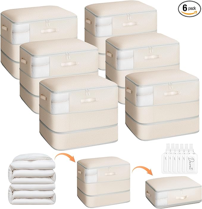 Homsorout 6 Pack Compression Storage Bags - 110L Large Capacity Comforter Storage Bag, 3-Layer Washable Ultra Space Saving Self Compression Organizer Space Bags for Blankets, Sweaters, Sheets, Beige