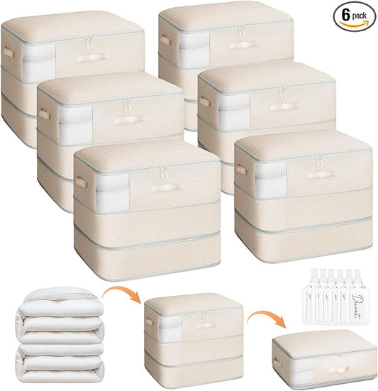 Homsorout 6 Pack Compression Storage Bags - 110L Large Capacity Comforter Storage Bag, 3-Layer Washable Ultra Space Saving Self Compression Organizer Space Bags for Blankets, Sweaters, Sheets, Beige