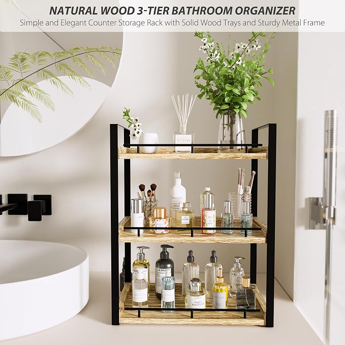 Bathroom Counter Organizer, 3 Tier Wood Countertop Shelf | for Vanity, Skincare, Makeup, Coffee Storage, Wood Shelves, Durable Metal Bracket, for Bathroom Sink, Kitchen (Rustic Brown)