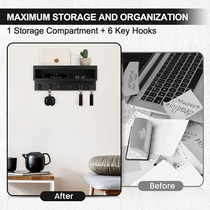 Key and Mail Holder Wall Mount, Key Hanger with Long Storage Box and 6 Hooks for Coat, Dog Leash, Home Decor Rack, House Accessories, Entry Way Organizer (Black)