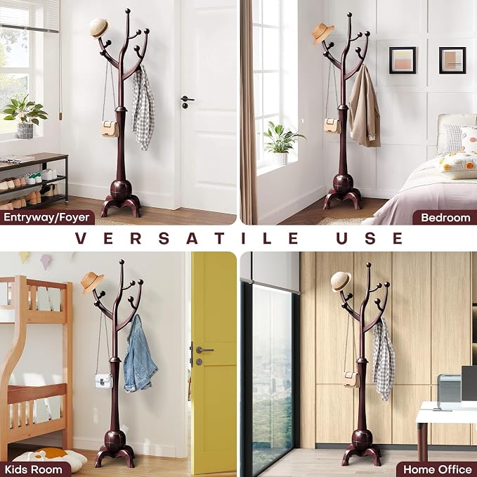 Bekrvio Freestanding Wood Coat Rack with Stable Sphere Base, Wine Red | 8 Hooks Tree Branch Design, Heavy Duty Standing Coat Hanger for Entryway, Hallway, Bedroom, Foyer; Hangs Coats, Hats, Bags