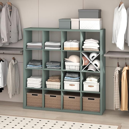 Furinno Cubic Extra Thick 16-Cube Closet Organizers and Storage, Sage Green | 14.6 x 58 x 58 in, Open Shelf Closet Storage, Closet Organizer, for Wardrobe, Bedroom, Living Room