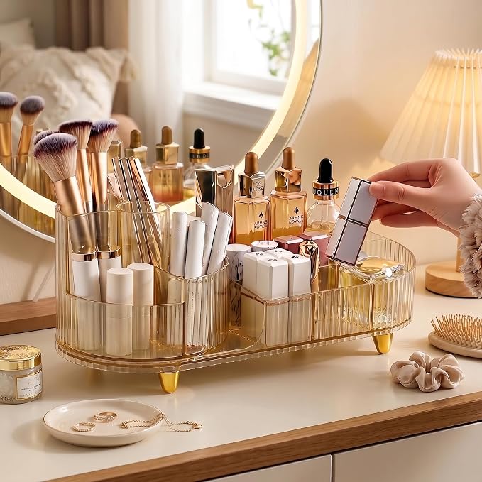 Booklov Rotating Makeup Organizer for Vanity Countertop, Amber | Clear Acrylic Cosmetic Display Case, Large Beauty Brush Holder for Bathroom Counter, Skincare Lipsticks Storage