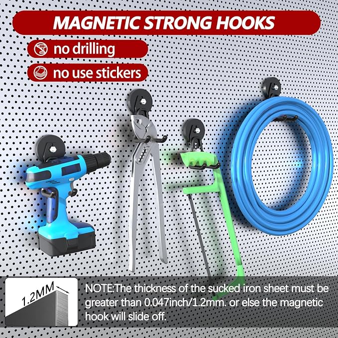 3-H Heavy Duty Magnetic Hooks, Large Magnet Hooks,4 Pack Black | No-Drill Tool Holder for Garage,Power Drill,Garden Tools,Hose Storage