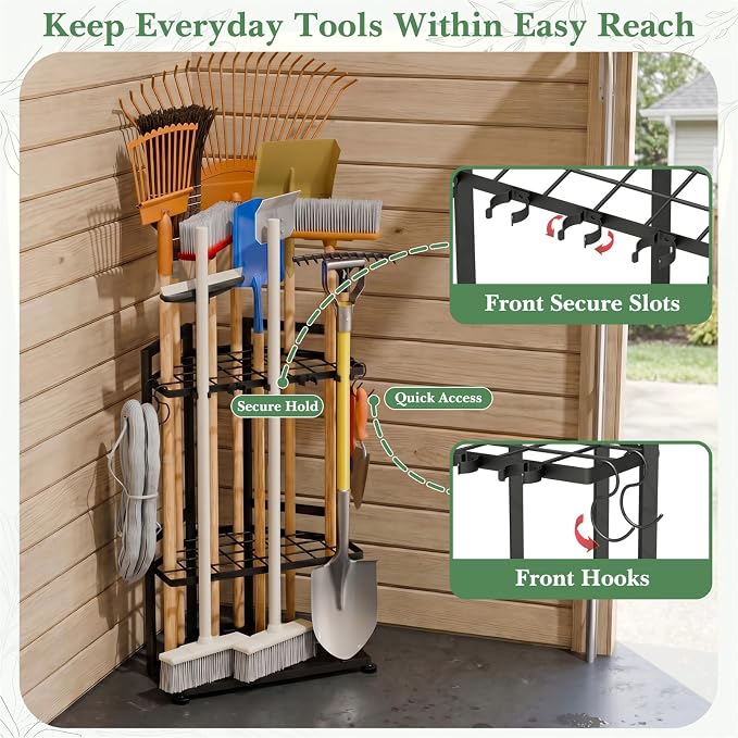 Faesun Garden Tool Organizer for Corner, 3-Tier Metal Yard Tool Rack, Holds 50+ Rakes/Shovels/Brooms,Heavy Duty Lawn Tool Storage for Garage Shed Outdoor Organization