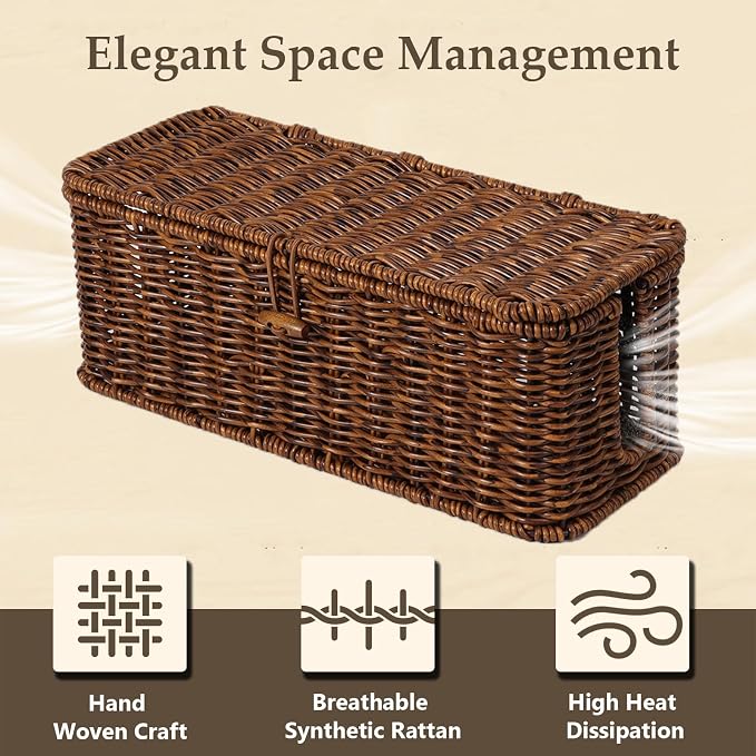 BROWNLILY Cable Management Box, Rattan Style Cord Organizer for Desk Cord Hider Outlet Covers for Power Strip TV PC Router Charger Under Desk Storage with Lockable Lid and Cable Ties