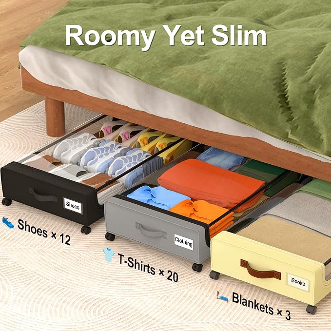GoMaihe Under Bed Storage with Wheels 48L Grey 4-Pack | Underbed Storage Containers with Lids Rolling Bins for Shoes Clothes in Dorm Bedroom - Metal Drawers Easy Pull-out