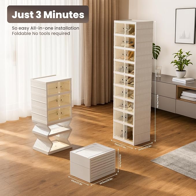 Foldable Shoe Organizer Storage Box Set of 6, Portable Extra Large Folding Shoe Rack for Closet, Shoe Storage Box with Magnetic Transparent Door and Wheels, 9 Layers 18 Grids with 2 Big Grids