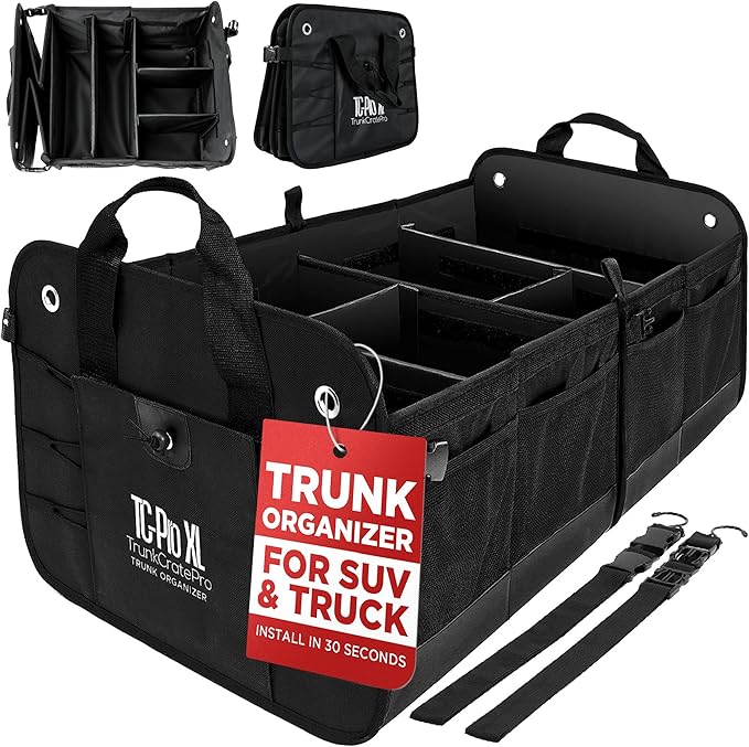 Car Trunk Organizer for SUV, Truck & Auto Cargo Storage, Black, XL | Fits Cars, SUVs & Trucks 6 Adjustable Compartments Non-Slip Base & Securing Straps Foldable 11 Pockets Car Accessories